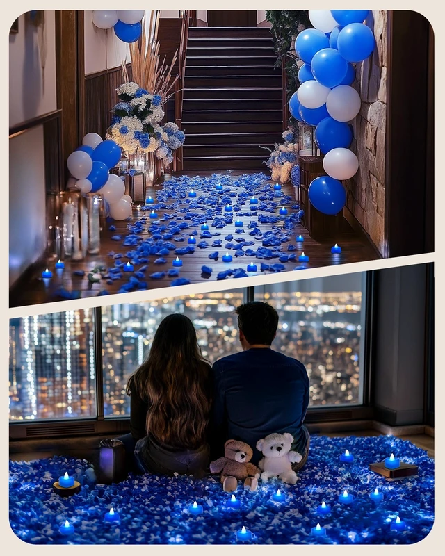 Alt view image 4 of 7 - 4000 Pieces Blue Artificial Rose Petals with 50 Blue Heart LED Tea Lights, Rose Petals and Candles Set for Proposal, Anniversary, Romantic Night, Wedding Decor