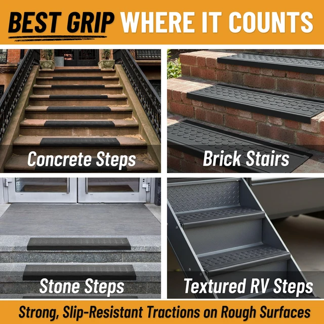 Alt view image 5 of 7 - Bullnose Stair Treads Outdoor Coin Heavy-Duty Non-Slip Stair Mats Best Grip on Concrete, Brick & Textured Step Fastening Required for Wooden & RV Steps, Pack of 5