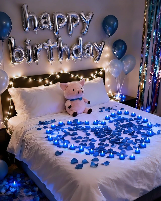 Alt view image 6 of 7 - 4000 Pieces Blue Artificial Rose Petals with 50 Blue Heart LED Tea Lights, Rose Petals and Candles Set for Proposal, Anniversary, Romantic Night, Wedding Decor