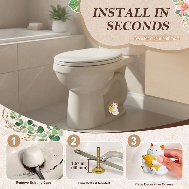 Alt view image 4 of 7 - Ceramic Cat Toilet Bolt Covers Decorative, Tool-Free Install 2 Pack Premium ceramic, Hides Ugly Toilet Floor Bolts, Bolt Hole 0.94'', with 2 Floor Bolt Caps & Washers,Themed Bathroom Decorators