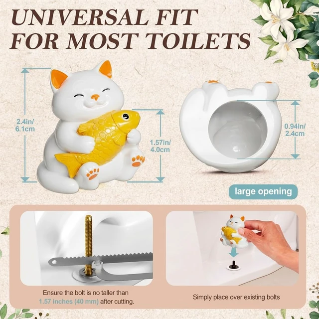 Alt view image 5 of 7 - Ceramic Cat Toilet Bolt Covers Decorative, Tool-Free Install 2 Pack Premium ceramic, Hides Ugly Toilet Floor Bolts, Bolt Hole 0.94'', with 2 Floor Bolt Caps & Washers,Themed Bathroom Decorators