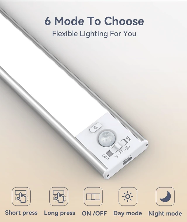 Alt view image 4 of 7 - 13inch Under Cabinet Lighting, 3200mAh Rechargeable Motion Sensor Light Indoor, LED Battery Operated Cabinet Lights, Dimmable Closet Light, Wireless Under Counter Lights for Kitchen (2pack)