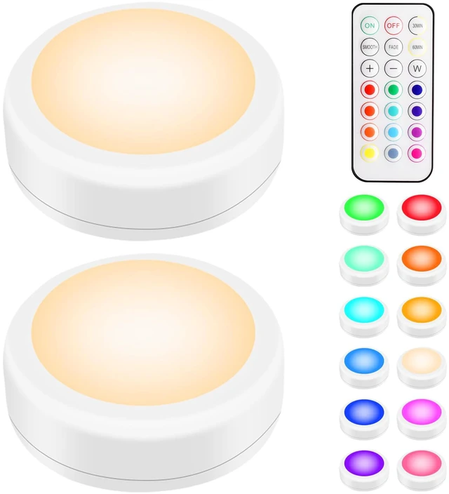Main image of LED Puck Lights with Remote Control, Wireless Under Cabinet & Closet Lighting, RGB 13 Color Changing Lights with Dimmer, Timer & AA Battery Operated, Push, Touch, Stick on for Night, White, 2 Pack