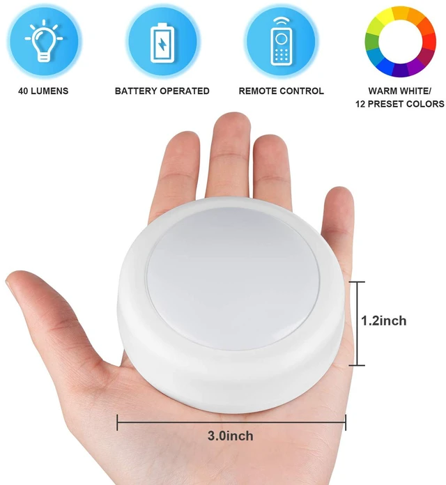 Alt view image 3 of 7 - LED Puck Lights with Remote Control, Wireless Under Cabinet & Closet Lighting, RGB 13 Color Changing Lights with Dimmer, Timer & AA Battery Operated, Push, Touch, Stick on for Night, White, 2 Pack