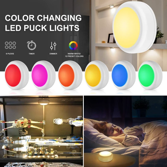 Alt view image 6 of 7 - LED Puck Lights with Remote Control, Wireless Under Cabinet & Closet Lighting, RGB 13 Color Changing Lights with Dimmer, Timer & AA Battery Operated, Push, Touch, Stick on for Night, White, 2 Pack