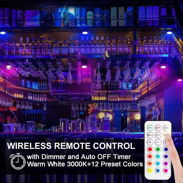 Alt view image 7 of 7 - LED Puck Lights with Remote Control, Wireless Under Cabinet & Closet Lighting, RGB 13 Color Changing Lights with Dimmer, Timer & AA Battery Operated, Push, Touch, Stick on for Night, White, 2 Pack