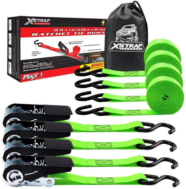 Main image of 4-PK Ratchet Tie Down Straps, 1" x 10ft Cargo Strap, Green 900 Lbs Break Strength Securing Straps with S-Hook for UTV, ATV, Pickup,Truck, Moving Appliances, Lawn Equipment