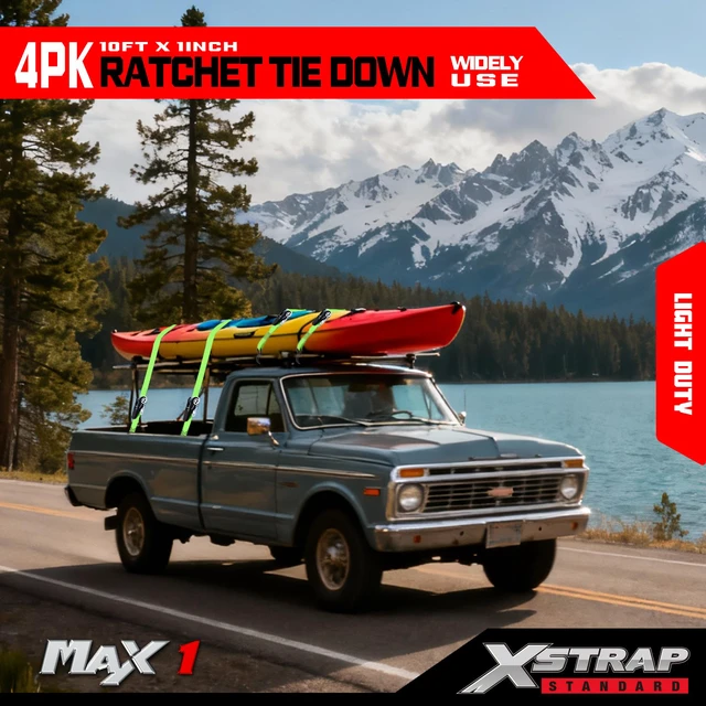 Alt view image 2 of 7 - 4-PK Ratchet Tie Down Straps, 1" x 10ft Cargo Strap, Green 900 Lbs Break Strength Securing Straps with S-Hook for UTV, ATV, Pickup,Truck, Moving Appliances, Lawn Equipment