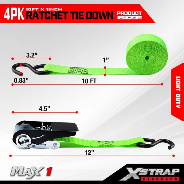 Alt view image 3 of 7 - 4-PK Ratchet Tie Down Straps, 1" x 10ft Cargo Strap, Green 900 Lbs Break Strength Securing Straps with S-Hook for UTV, ATV, Pickup,Truck, Moving Appliances, Lawn Equipment