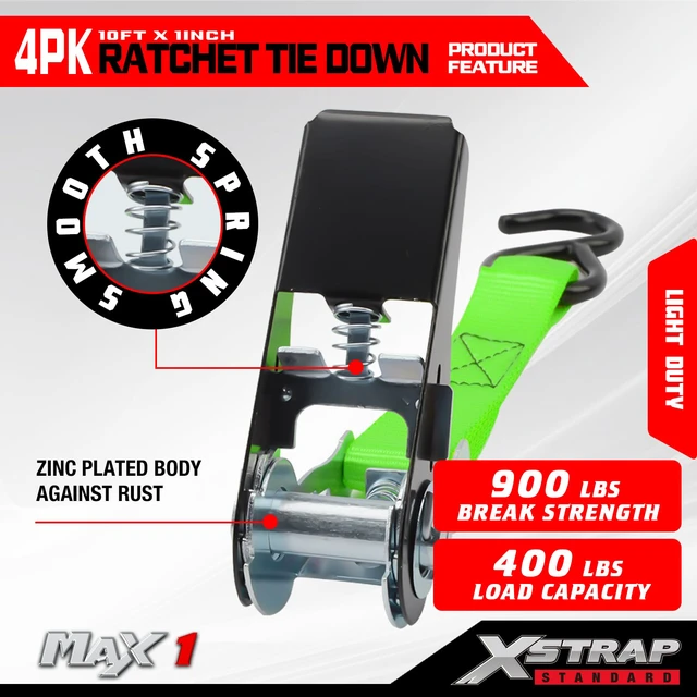 Alt view image 4 of 7 - 4-PK Ratchet Tie Down Straps, 1" x 10ft Cargo Strap, Green 900 Lbs Break Strength Securing Straps with S-Hook for UTV, ATV, Pickup,Truck, Moving Appliances, Lawn Equipment