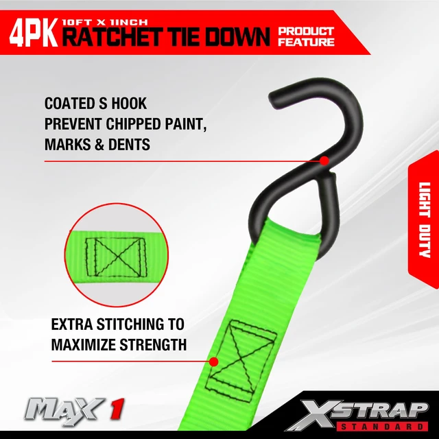 Alt view image 5 of 7 - 4-PK Ratchet Tie Down Straps, 1" x 10ft Cargo Strap, Green 900 Lbs Break Strength Securing Straps with S-Hook for UTV, ATV, Pickup,Truck, Moving Appliances, Lawn Equipment