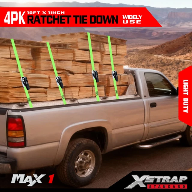 Alt view image 6 of 7 - 4-PK Ratchet Tie Down Straps, 1" x 10ft Cargo Strap, Green 900 Lbs Break Strength Securing Straps with S-Hook for UTV, ATV, Pickup,Truck, Moving Appliances, Lawn Equipment