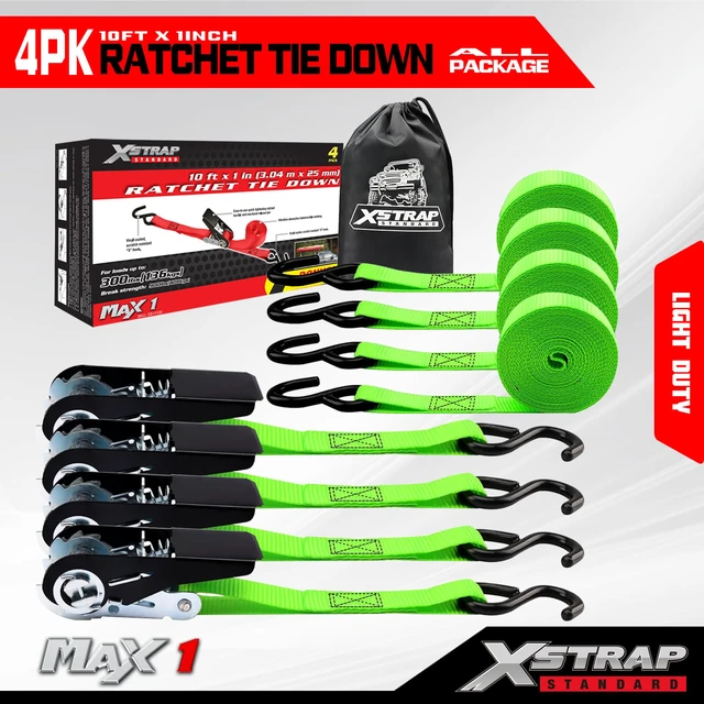 Alt view image 7 of 7 - 4-PK Ratchet Tie Down Straps, 1" x 10ft Cargo Strap, Green 900 Lbs Break Strength Securing Straps with S-Hook for UTV, ATV, Pickup,Truck, Moving Appliances, Lawn Equipment