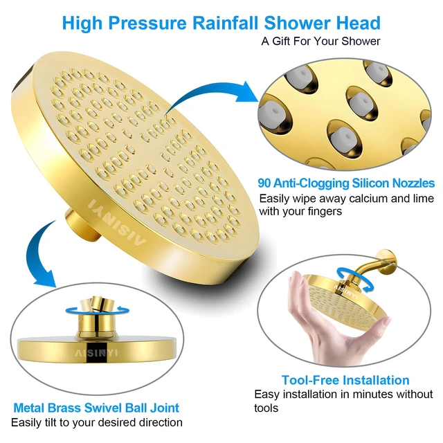 Alt view image 3 of 6 - High Pressure Rainfall Shower Head, 6 Inches Showerhead with Perfect Adjustable Replacement, Removable Restrictor, Easy Installation for Your Bathroom Shower Heads (Deluxe Gold + Shower Arm)