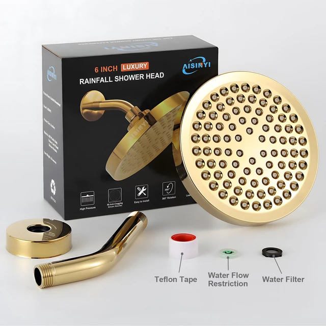 Alt view image 5 of 6 - High Pressure Rainfall Shower Head, 6 Inches Showerhead with Perfect Adjustable Replacement, Removable Restrictor, Easy Installation for Your Bathroom Shower Heads (Deluxe Gold + Shower Arm)