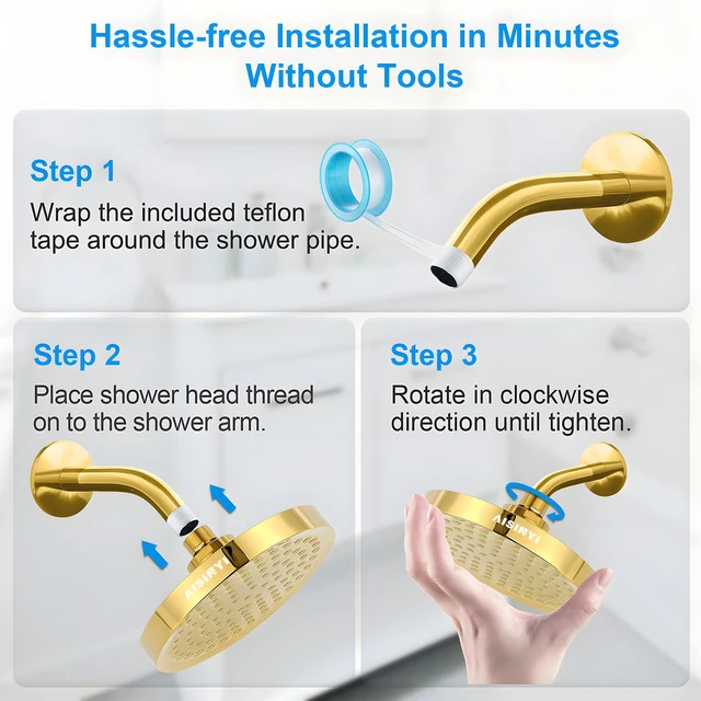 Alt view image 6 of 6 - High Pressure Rainfall Shower Head, 6 Inches Showerhead with Perfect Adjustable Replacement, Removable Restrictor, Easy Installation for Your Bathroom Shower Heads (Deluxe Gold + Shower Arm)