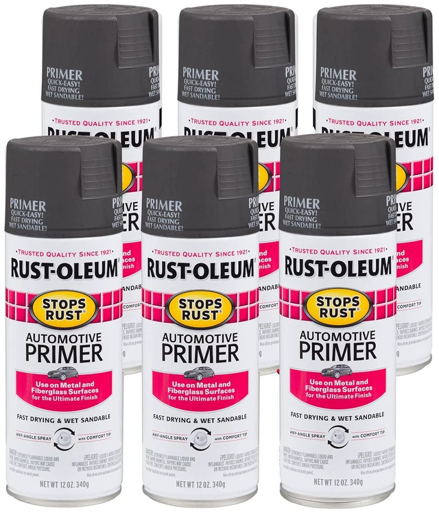 Main image of Stops Rust Automotive Primer Spray, Flat Dark Gray Rust Resistant, Indoor and Outdoor, Beautiful Finish on Metal, Wood and More, Sprays from Any Angle, 12 oz, 6 Pack