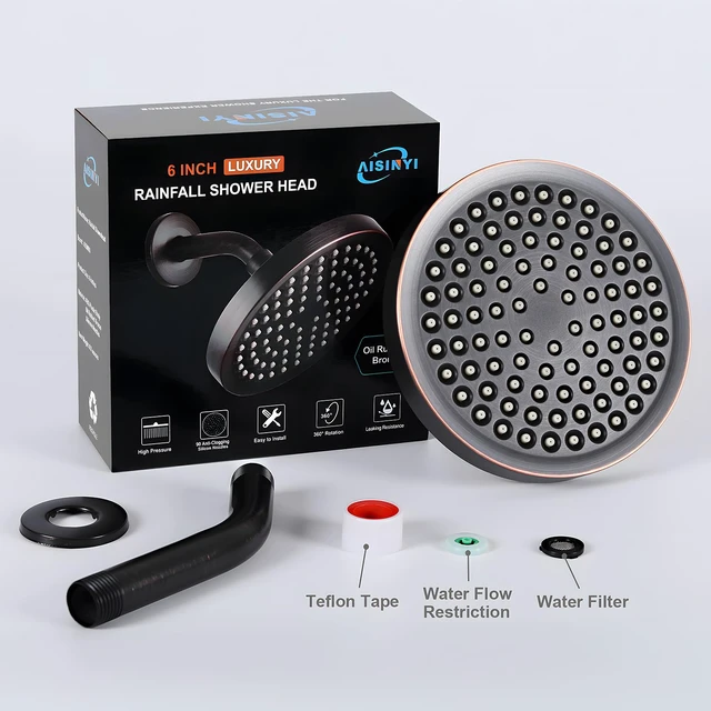 Alt view image 3 of 6 - 6" Rain Shower Head & 6" Shower Arm, Luxe Oil Rubbed Bronze Finish High Pressure 6 Inch Fixed Showerhead, Adjustable Replacement, 90 Nozzles, Removable Restrictor, Tool-Free Easy to Install