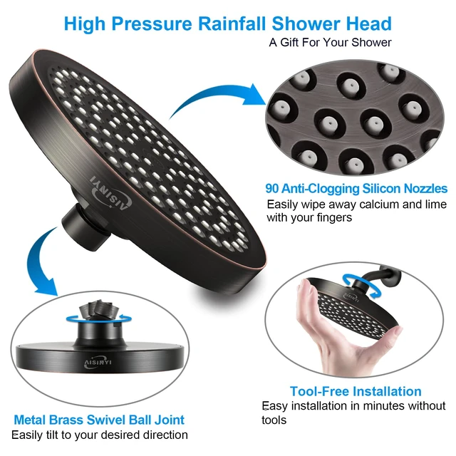Alt view image 4 of 6 - 6" Rain Shower Head & 6" Shower Arm, Luxe Oil Rubbed Bronze Finish High Pressure 6 Inch Fixed Showerhead, Adjustable Replacement, 90 Nozzles, Removable Restrictor, Tool-Free Easy to Install