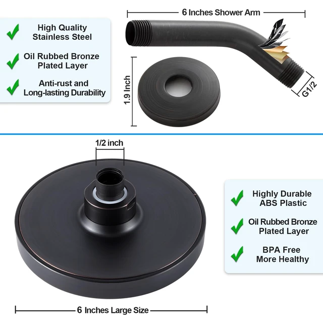 Alt view image 5 of 6 - 6" Rain Shower Head & 6" Shower Arm, Luxe Oil Rubbed Bronze Finish High Pressure 6 Inch Fixed Showerhead, Adjustable Replacement, 90 Nozzles, Removable Restrictor, Tool-Free Easy to Install