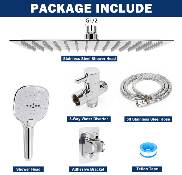 Alt view image 6 of 6 - Shower Head with Hose, High Pressure Stainless Steel Rain Shower and 3 Settings Handheld Spray Combo with Push Button Flow Control (12 Inch, Chrome Finish)