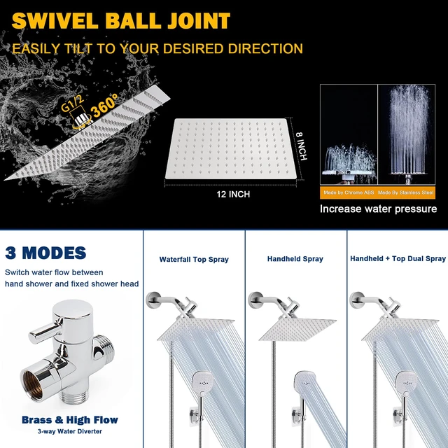 Alt view image 5 of 6 - Shower Head with Hose, High Pressure Stainless Steel Rain Shower and 3 Settings Handheld Spray Combo with Push Button Flow Control (12 Inch, Chrome Finish)