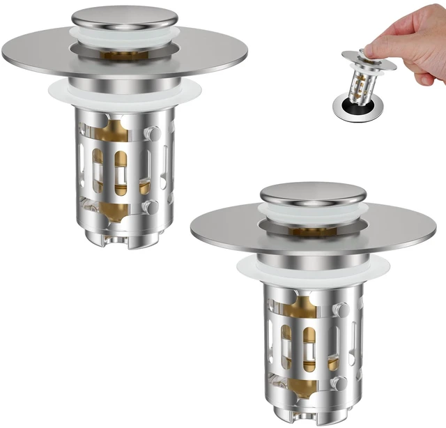Main image of 2 Pack Bathroom Sink Drain Strainer, 3 in 1 Pop Up Stopper Universal Hair Catcher Sink Plug for 1.1''-2.36'' Hole, Removable Stainless Steel Filter Basket, Brass Core, Brushed Nickel