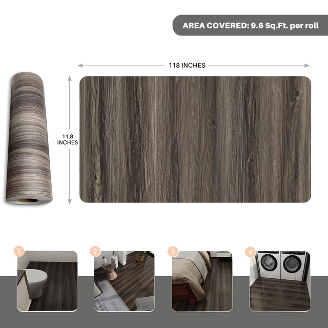 Alt view image 2 of 7 - Wood Grain Peel and Stick Floor Tiles, 11.8" W × 118" L, Dark Color Soft woodlook finish, Works on many surfaces, Easy to cut, Nonslip texture, Good for renters and DIY users, Removable