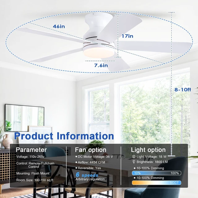 Alt view image 2 of 7 - 46 inch Ceiling Fans with Lights, White Flush Mount Ceiling Fan with Remote, 3CCT, LED Dimmable, Reversible, 6 Fan Speeds, Quite Low Profile Ceiling Fan with Lights Modern Bedroom Kitchen Indoor