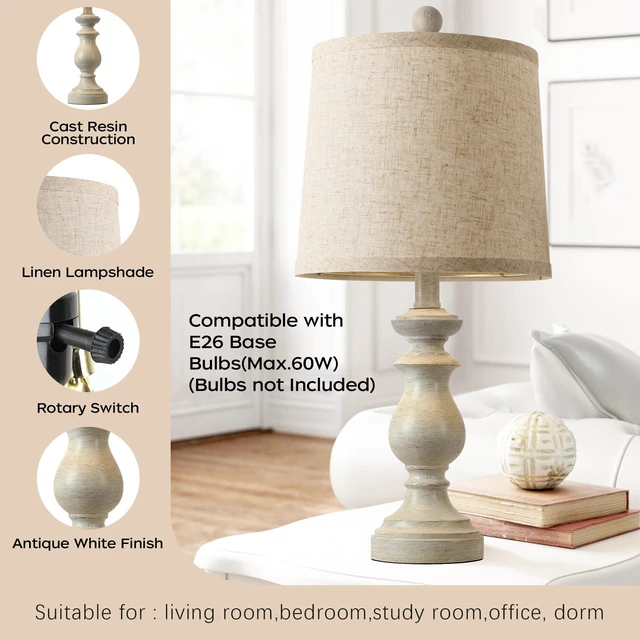 Alt view image 3 of 7 - Traditional Table Lamp Set of 2, Rustic Farmhouse Table Lamps for Living Room Bedroom, 22" Bedside Desk Lamps Vintage Nightstand Lamps with Linen Shades, Antique White