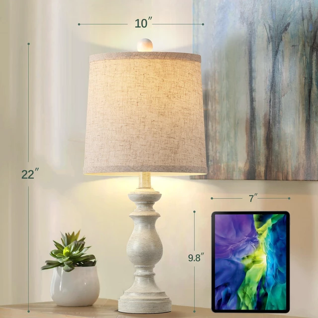Alt view image 4 of 7 - Traditional Table Lamp Set of 2, Rustic Farmhouse Table Lamps for Living Room Bedroom, 22" Bedside Desk Lamps Vintage Nightstand Lamps with Linen Shades, Antique White