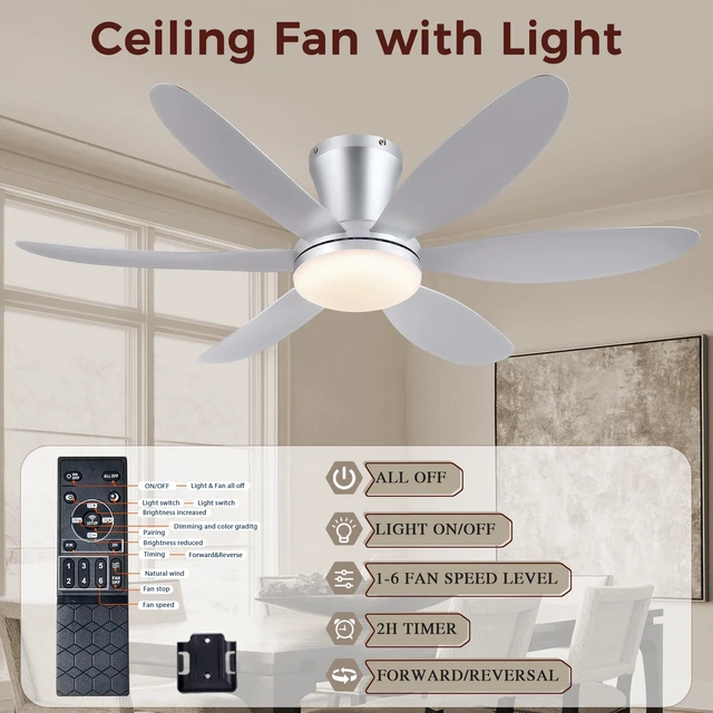 Alt view image 3 of 7 - Ceiling Fans with Lights,42" Low Profile Ceiling Fan (Silver) Ceiling Fan with Light and Remote Control,Flush Mount, Reversible, Dimmable, Noiseless, Silver Ceiling Fan for Bedroom