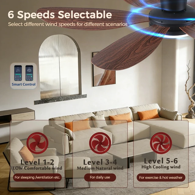 Alt view image 5 of 7 - Ceiling Fans with Lights,42" Flush Mount Ceiling Fan,Low Profile (Brown) Ceiling Fan with Light and Remote Control,Low Profile, Reversible, Dimmable, Noiseless, Brown Ceiling Fan for Bedroom