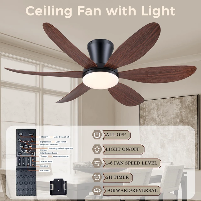 Alt view image 6 of 7 - Ceiling Fans with Lights,42" Flush Mount Ceiling Fan,Low Profile (Brown) Ceiling Fan with Light and Remote Control,Low Profile, Reversible, Dimmable, Noiseless, Brown Ceiling Fan for Bedroom