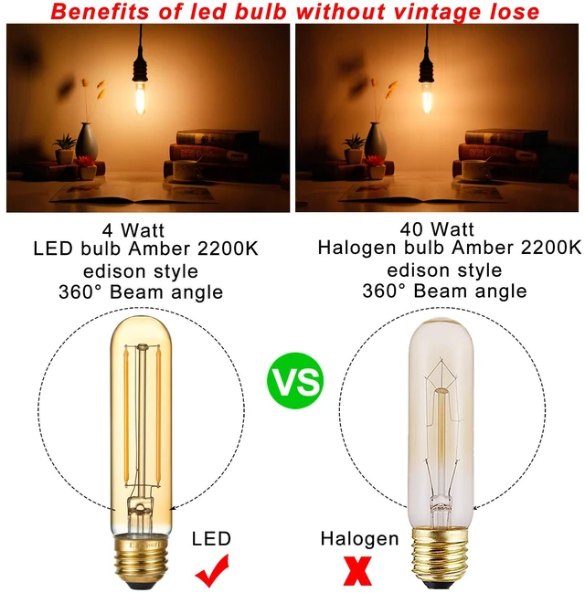 Alt view image 2 of 7 - T10 Tubular E26 Light Bulb,Dimmable,Amber Light Bulbs,4w 2200K 4w=Edison Bulbs 40 watt,250lm,AC120V,360°,ETL,No Flicker,Light Bulbs 40 watt for Rustic Pendant,Chandeliers,Wall Sconce,6Pack