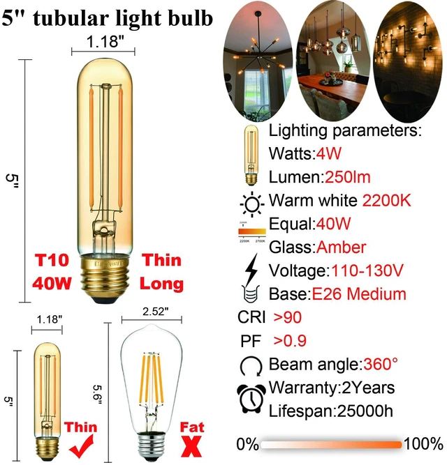 Alt view image 5 of 7 - T10 Tubular E26 Light Bulb,Dimmable,Amber Light Bulbs,4w 2200K 4w=Edison Bulbs 40 watt,250lm,AC120V,360°,ETL,No Flicker,Light Bulbs 40 watt for Rustic Pendant,Chandeliers,Wall Sconce,6Pack