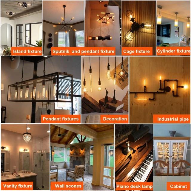 Alt view image 7 of 7 - T10 Tubular E26 Light Bulb,Dimmable,Amber Light Bulbs,4w 2200K 4w=Edison Bulbs 40 watt,250lm,AC120V,360°,ETL,No Flicker,Light Bulbs 40 watt for Rustic Pendant,Chandeliers,Wall Sconce,6Pack