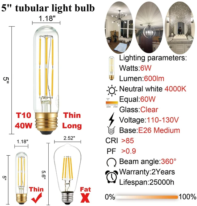 Alt view image 4 of 7 - T10 E26 Bulb,Edison Light Bulbs,Dimmable,6W Neutral White 4000K 6W=Light Bulbs 60 watt,600lm,AC120V,ETL,No Flicker,E26 LED Bulb for Rustic Pendant,Island,Chandelier,Wall Sconce,Vanity,6Pack