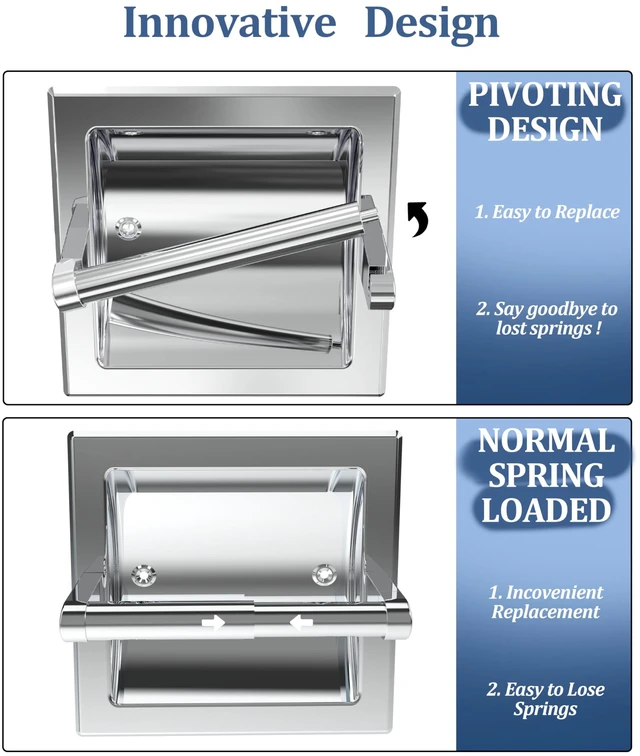 Alt view image 3 of 7 - Chrome Recessed Toilet Paper Holder Wall Mounted 304 Stainless Steel Polished Finish Post Pivoting Design Easy to Change Roll, in Wall Toilet Paper Holder for Mega Roll Waterproof & Rustproof