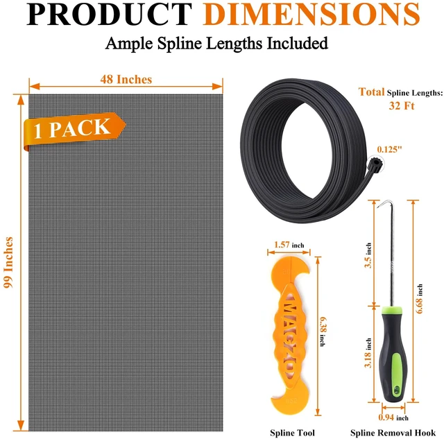 Alt view image 3 of 7 - Pet Proof Window&Door Screen Replacement Kit, 48" W x 99" L, Black Best Vinyl Coated Polyester Dog Cat Resistant Heavy Duty, with 32FT Retainer Spline&Spline Removal Hook&Press-Fit Roller Tool