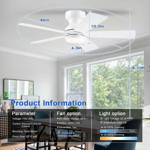 Alt view image 3 of 7 - 46" Flush Mount Ceiling Fan with Lights - White Modern Fan Light with Reversible Mute Motor, 3CCT Dimmable, Wind Speeds Adjustable, Low Profile Light Fixure for Indoor Use, Bedroom