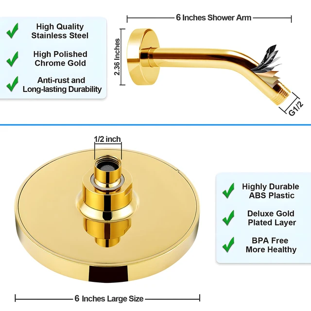 Alt view image 4 of 6 - High Pressure Rainfall Shower Head, 6 Inches Showerhead with Perfect Adjustable Replacement, Removable Restrictor, Easy Installation for Your Bathroom Shower Heads (Deluxe Gold + Shower Arm)