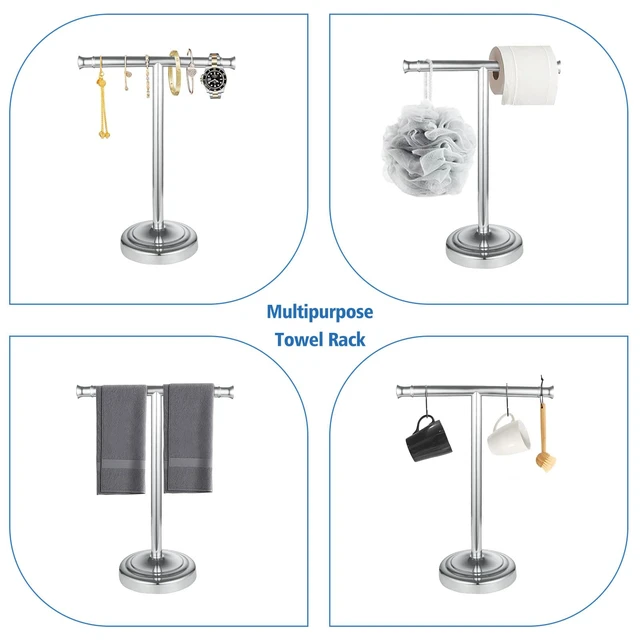 Alt view image 3 of 7 - Polished Chrome Hand Towel Holder Stand Countertop Towel Rack 13 Inch Bathroom Kitchen Vanity T-Shape Towel Stand Free Standing Stainless Steel Towel Bar Towel Ring
