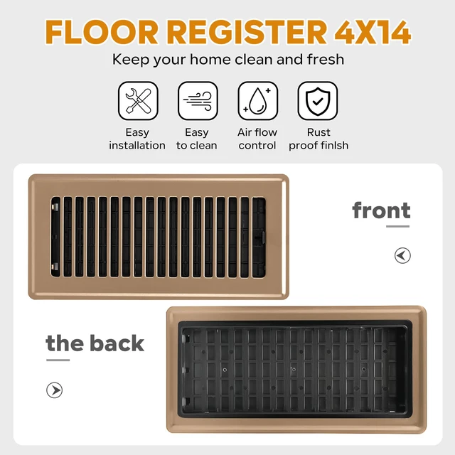 Alt view image 5 of 7 - 4x14 Floor Register, Floor Vent Covers, Heavy Duty Steel Walkable Floor Vent, Easy Adjust Air Supply Lever, Vent Covers for Home Floor, Air Vent Covers 4 Pack Brown