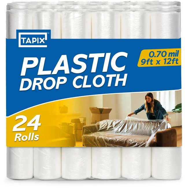 Main image of 12 x 9 Ft Drop Cloths (24-Pack) Plastic Sheeting & Painters Plastic Tarps for Painting, Waterproof Floor & Furniture Protection