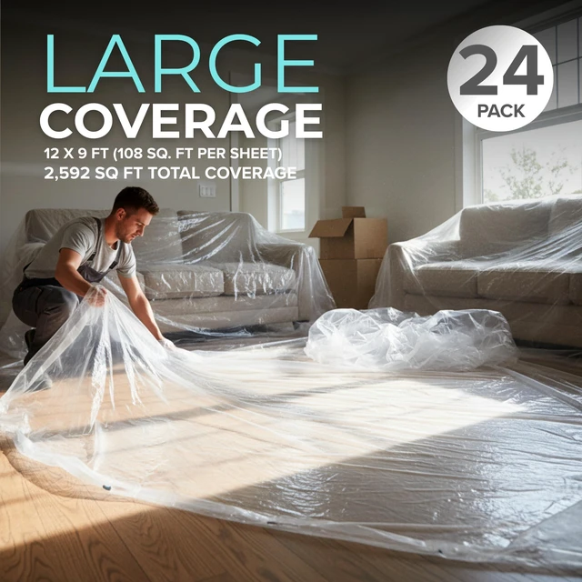 Alt view image 2 of 6 - 12 x 9 Ft Drop Cloths (24-Pack) Plastic Sheeting & Painters Plastic Tarps for Painting, Waterproof Floor & Furniture Protection