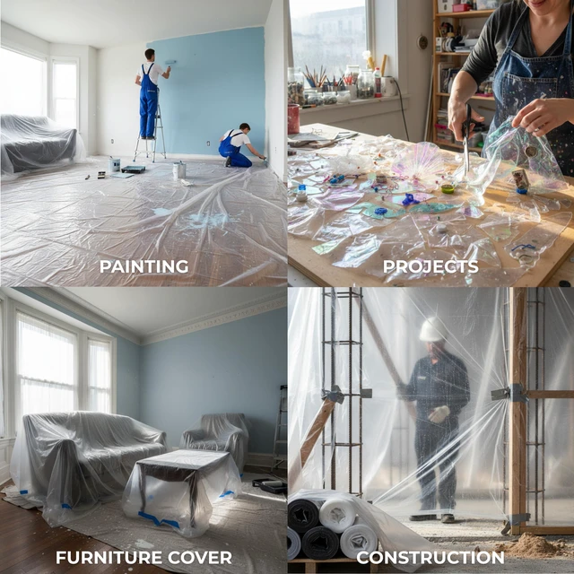 Alt view image 6 of 6 - 12 x 9 Ft Drop Cloths (24-Pack) Plastic Sheeting & Painters Plastic Tarps for Painting, Waterproof Floor & Furniture Protection