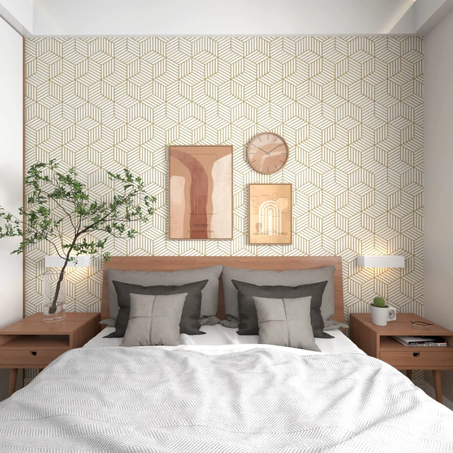 Alt view image 2 of 7 - Geometric Contact Paper Peel and Stick Wallpaper Gold 17.7×393 Self Adhesive, Removable Wallpaper for Bedroom/Bathroom Waterproof, Modern Contact Paper for Cabinets Liner Easy to Install