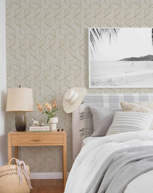 Alt view image 5 of 7 - Geometric Contact Paper Peel and Stick Wallpaper Gold 17.7×591 Self Adhesive, Removable Wallpaper for Bedroom/Bathroom Waterproof, Modern Contact Paper for Cabinets Liner Easy to Install
