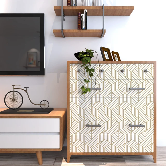Alt view image 4 of 7 - Geometric Contact Paper Peel and Stick Wallpaper Gold 17.7×393 Self Adhesive, Removable Wallpaper for Bedroom/Bathroom Waterproof, Modern Contact Paper for Cabinets Liner Easy to Install